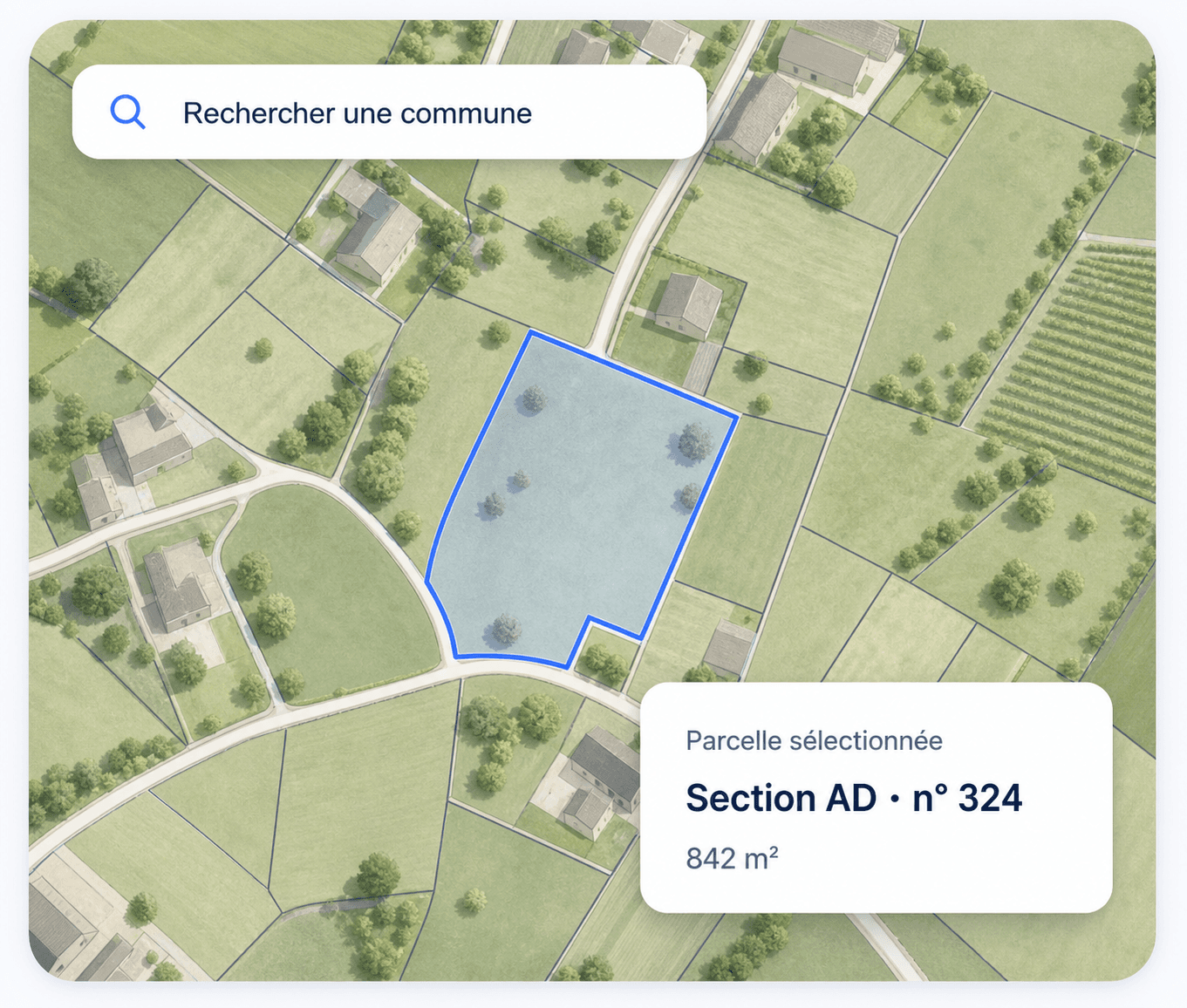 Aperçu illustré de GéoParcelle montrant une parcelle cadastrale sélectionnée sur une carte